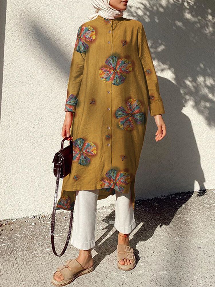 Vestido De Camisa Retro De Manga Larga Con Estampado De Flores De Algodón Para Mujer