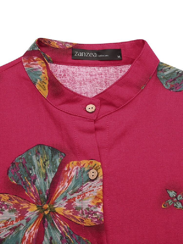 Vestido De Camisa Retro De Manga Larga Con Estampado De Flores De Algodón Para Mujer