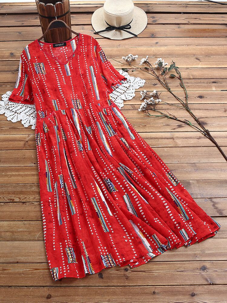 Vestido Casual De Bolsillo De Manga Corta Con Estampado Vintage De Bohemia Para Mujer