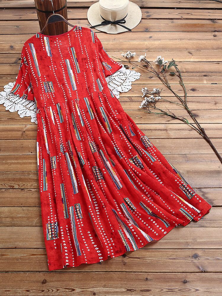 Vestido Casual De Bolsillo De Manga Corta Con Estampado Vintage De Bohemia Para Mujer