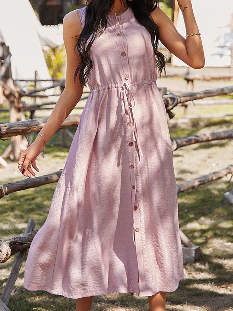 Vestido Casual Sin Mangas De Color Sólido Con Cordón De Botón O-cuello Para Mujer