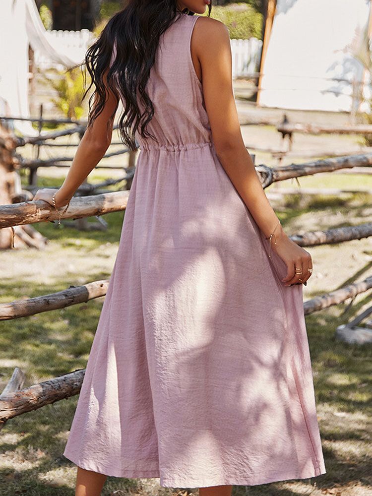 Vestido Casual Sin Mangas De Color Sólido Con Cordón De Botón O-cuello Para Mujer