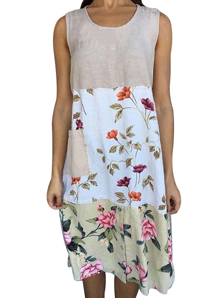 Vestido Casual Sin Mangas Con Cuello Redondo Y Estampado Floral En Bloque De Color Para Mujer