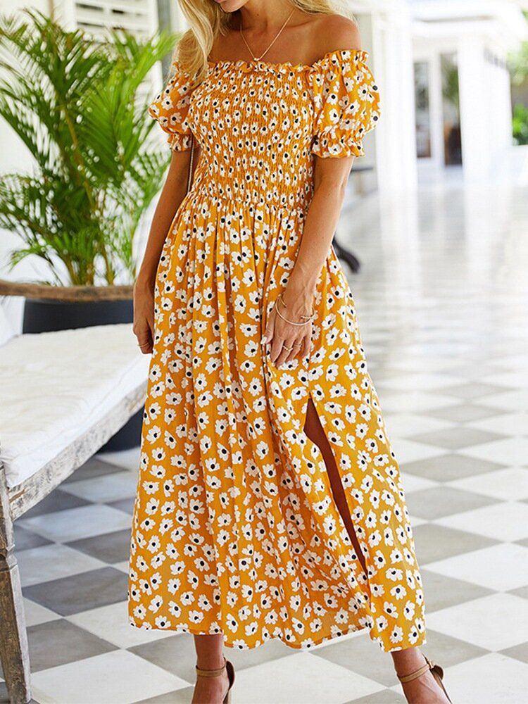 Vestido Con Dobladillo Con Abertura Y Manga Corta Con Estampado Floral Para Mujer