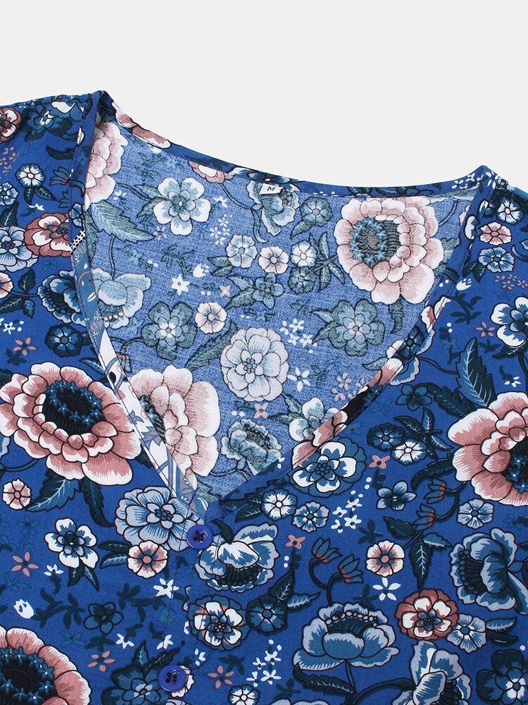 Vestido Estampado De Manga Corta Con Cuello En V Y Botón De Flores Para Mujer