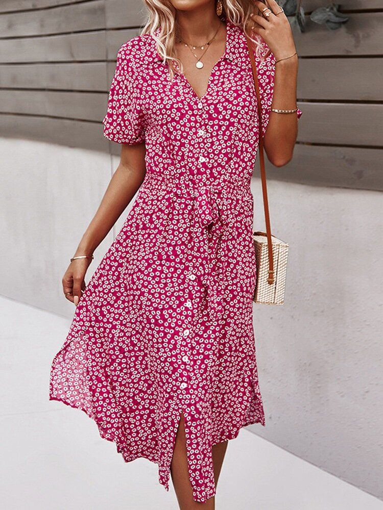 Vestido De Manga Corta Anudado Con Botones De Solapa Y Estampado Floral Para Mujer