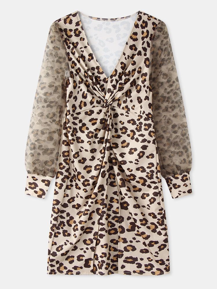 Vestido De Manga Larga Elegante Con Cuello En V Y Leopardo Para Mujer