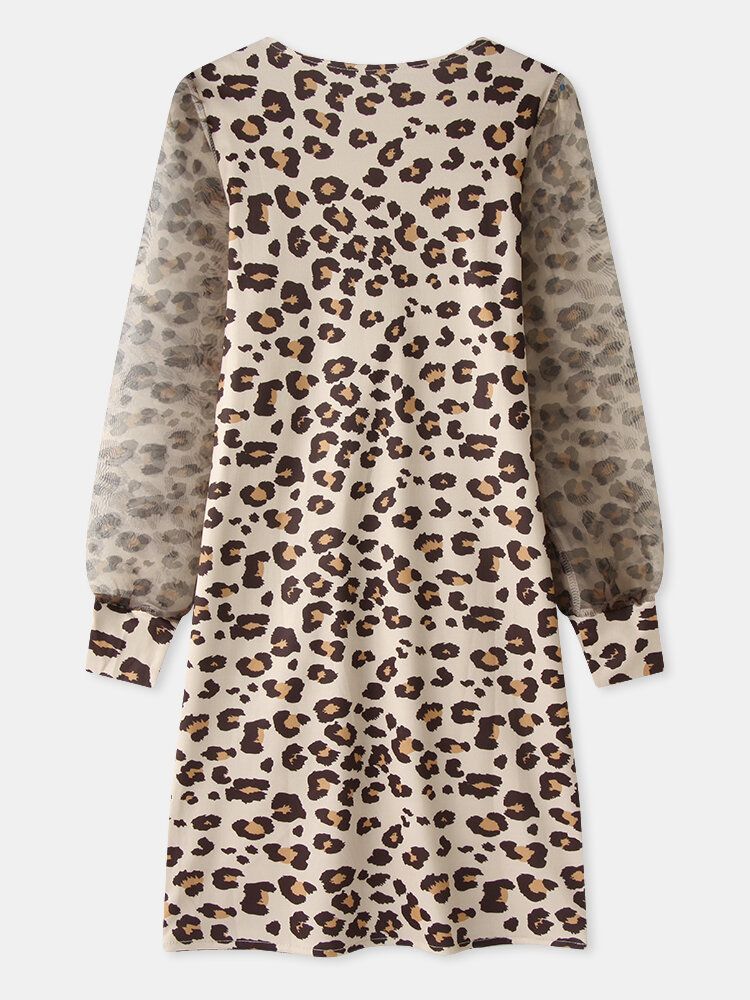 Vestido De Manga Larga Elegante Con Cuello En V Y Leopardo Para Mujer