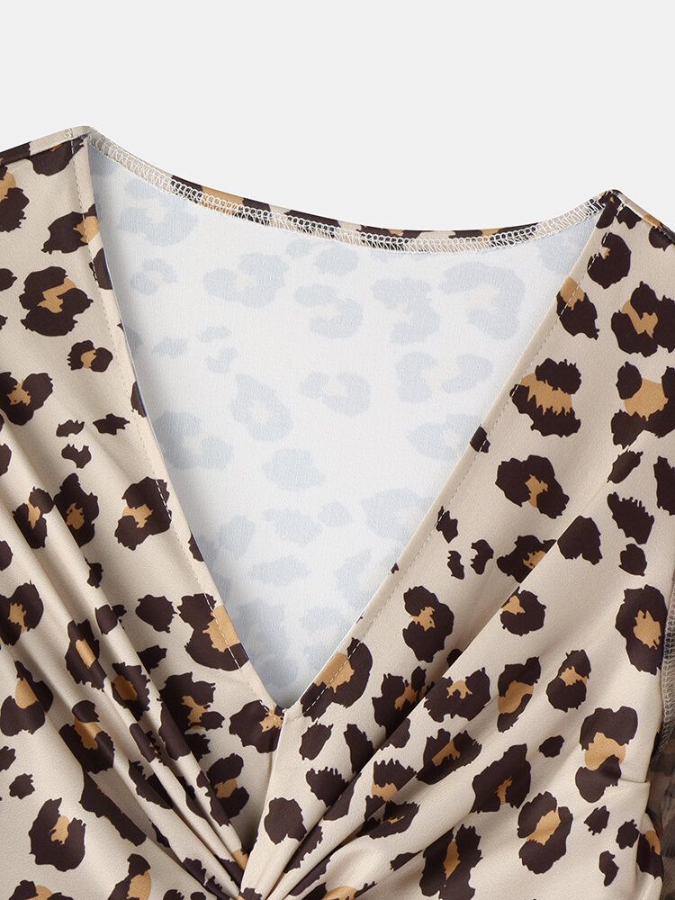 Vestido De Manga Larga Elegante Con Cuello En V Y Leopardo Para Mujer