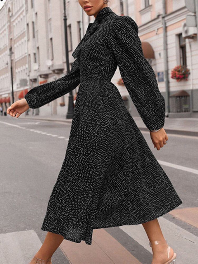 Vestido De Manga Larga Informal Anudado Con Estampado De Lunares Vintage Para Mujer