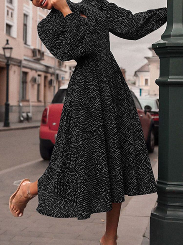 Vestido De Manga Larga Informal Anudado Con Estampado De Lunares Vintage Para Mujer