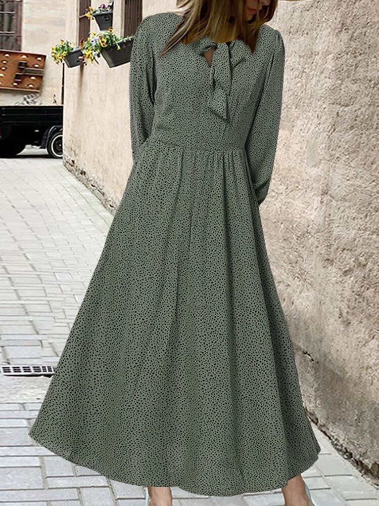 Vestido De Manga Larga Informal Anudado Con Estampado De Lunares Vintage Para Mujer