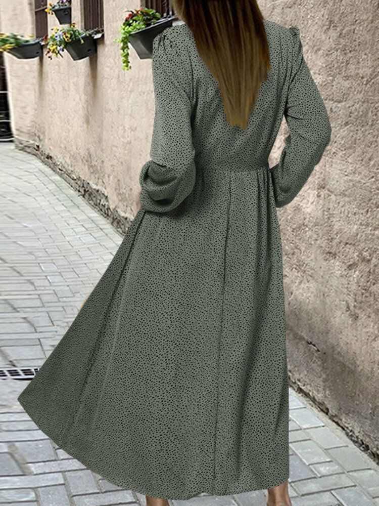 Vestido De Manga Larga Informal Anudado Con Estampado De Lunares Vintage Para Mujer