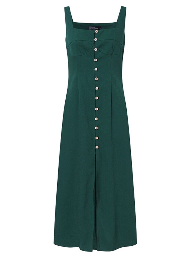 Vestido Maxi Casual Con Abertura De Espagueti Frontal Con Botones De Color Sólido Para Mujer