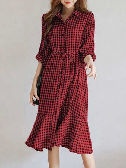 Vestido Maxi Informal De Manga Larga Con Volantes Y Volantes Con Cordones Y Estampado A Cuadros Para Mujer