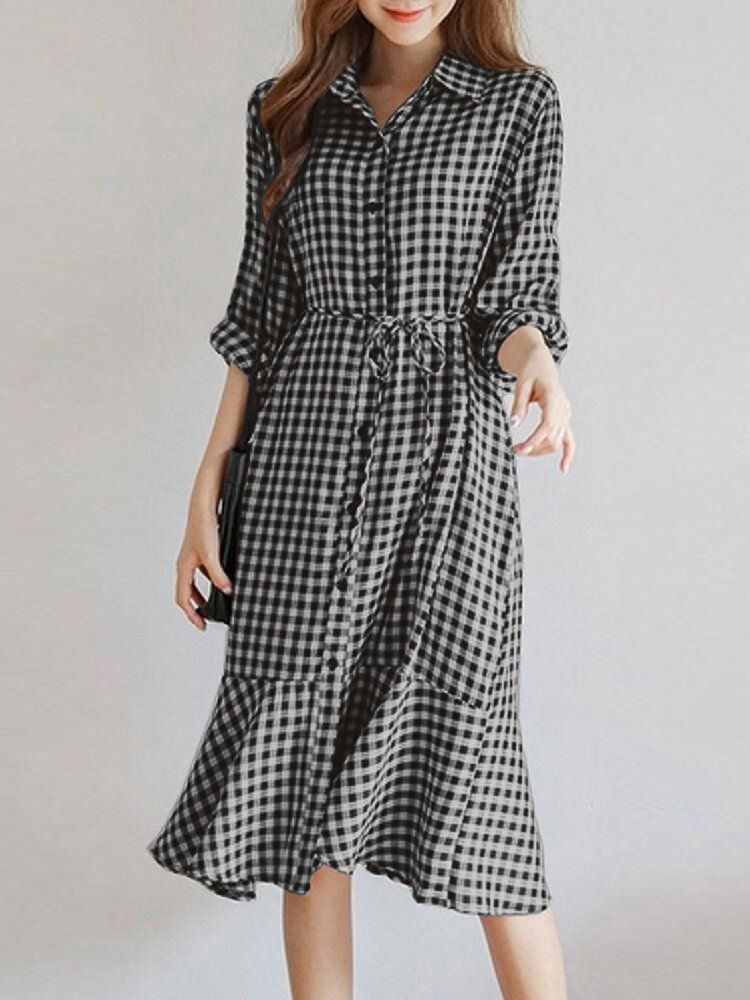 Vestido Maxi Informal De Manga Larga Con Volantes Y Volantes Con Cordones Y Estampado A Cuadros Para Mujer