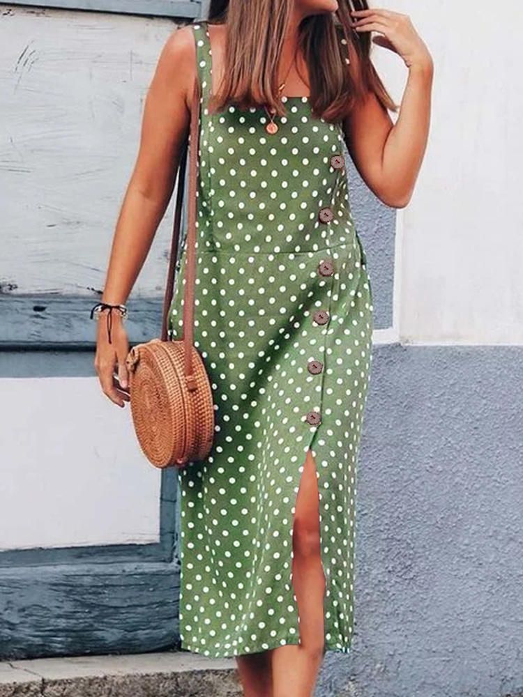 Vestido Maxi De Tirantes Sin Mangas Con Estampado De Lunares Casuales Para Mujer