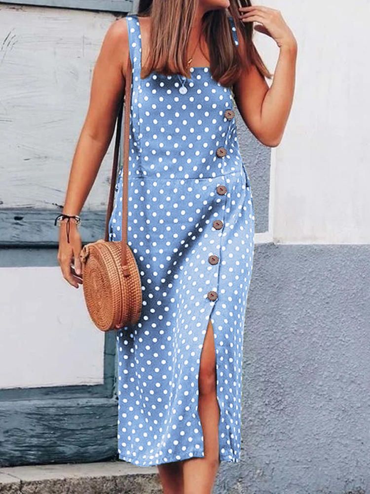 Vestido Maxi De Tirantes Sin Mangas Con Estampado De Lunares Casuales Para Mujer