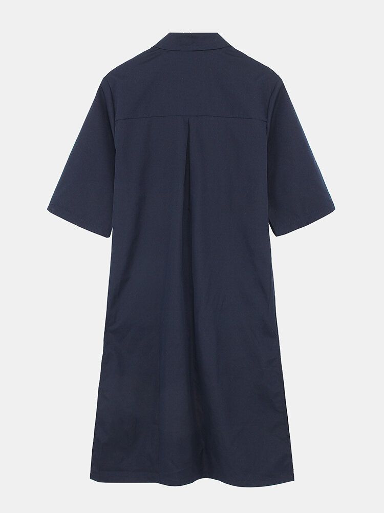 Vestido Midi De Camisa Suelta Informal De Manga 3/4 Con Solapa Y Botones De Color Sólido Para Mujer Con Bolsillos