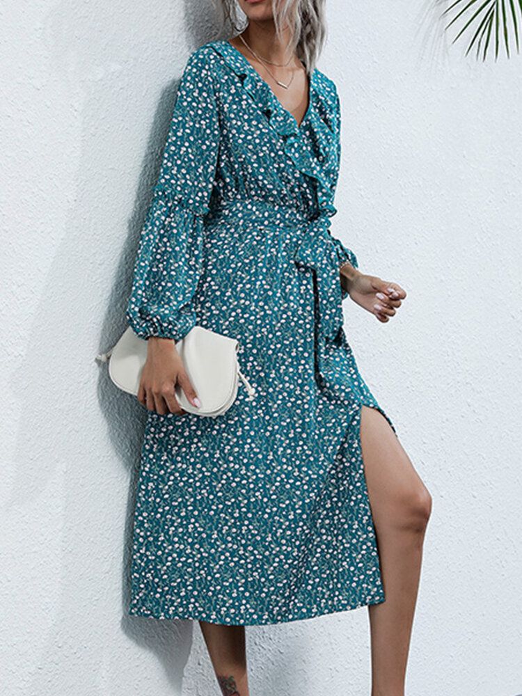 Vestido Midi Casual De Manga Larga Con Cuello En V Y Volantes Con Estampado Floral Para Mujer