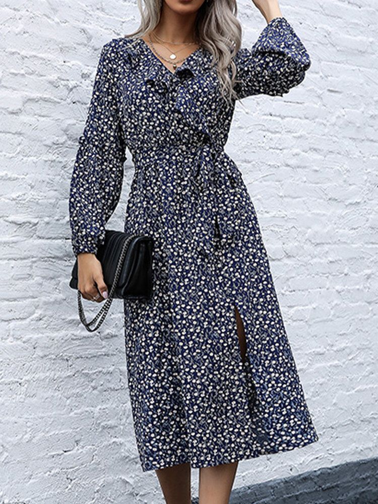 Vestido Midi Casual De Manga Larga Con Cuello En V Y Volantes Con Estampado Floral Para Mujer