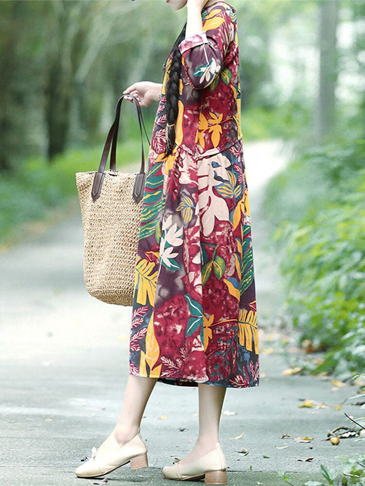 Vestido Midi Casual Vintage Con Estampado Floral De Hojas Y Bolsillos Laterales