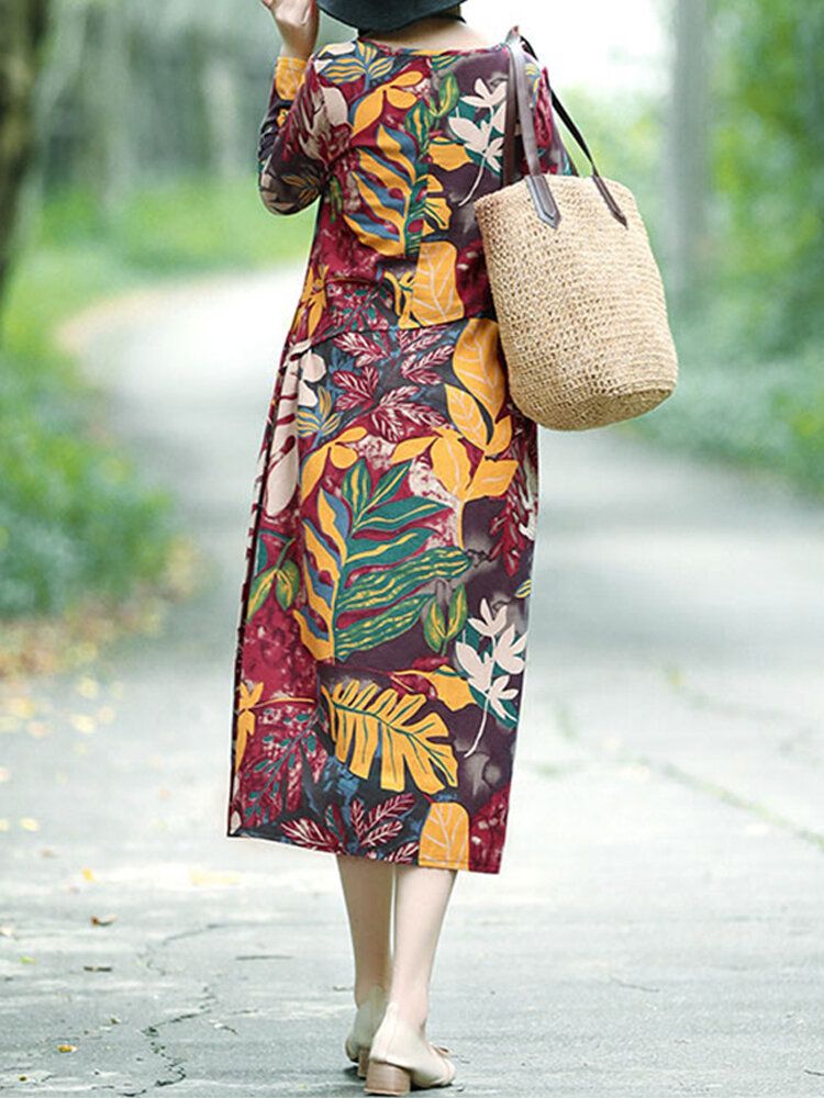 Vestido Midi Casual Vintage Con Estampado Floral De Hojas Y Bolsillos Laterales