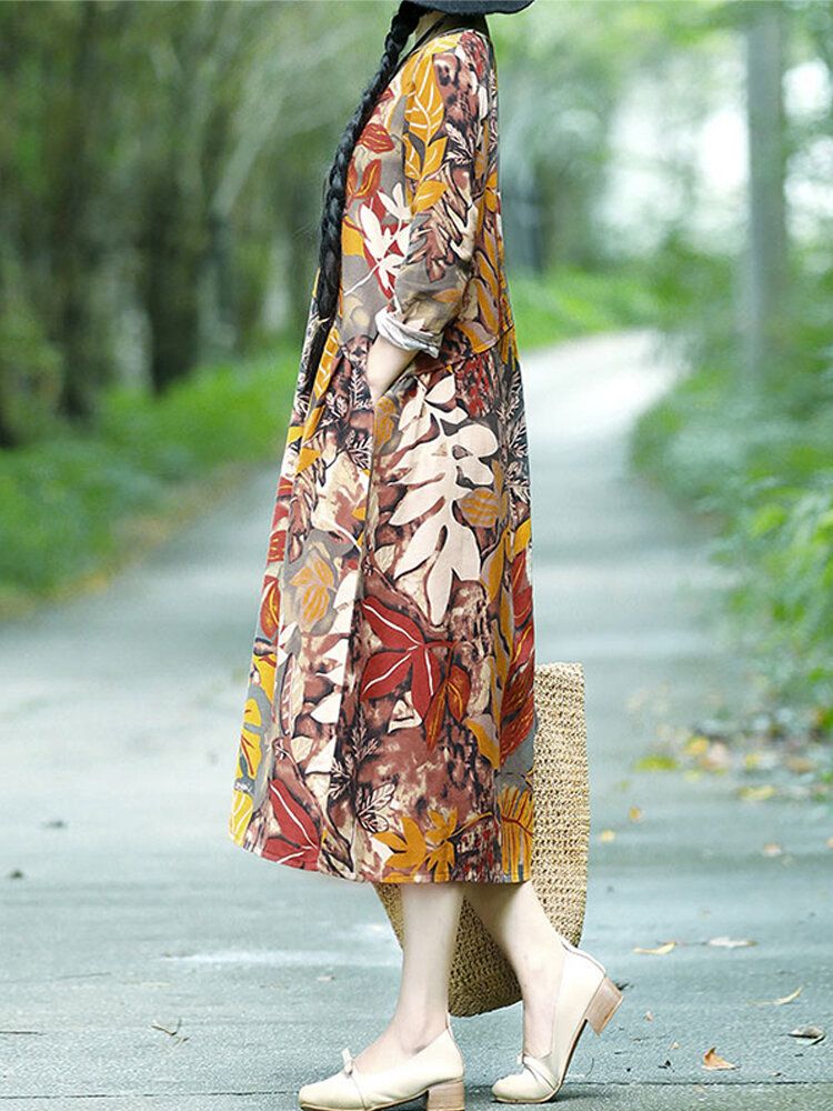 Vestido Midi Casual Vintage Con Estampado Floral De Hojas Y Bolsillos Laterales