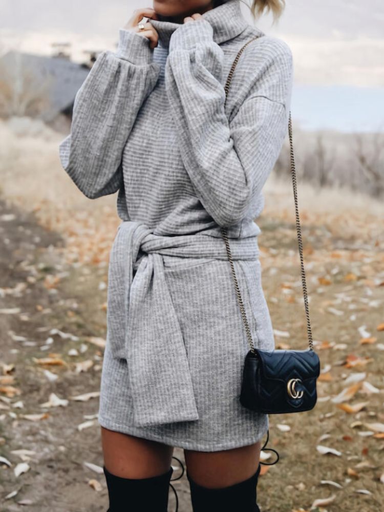 Vestido Midi Con Fajas Acanaladas Y Cuello Alto Gris Para Mujer