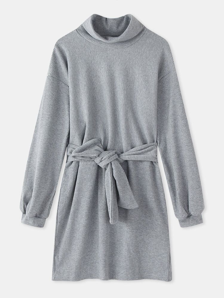 Vestido Midi Con Fajas Acanaladas Y Cuello Alto Gris Para Mujer