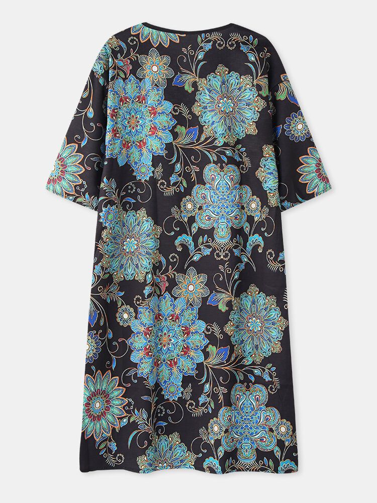 Vestido Midi Estilo Étnico De Media Manga Con Estampado Floral Vintage Para Mujer