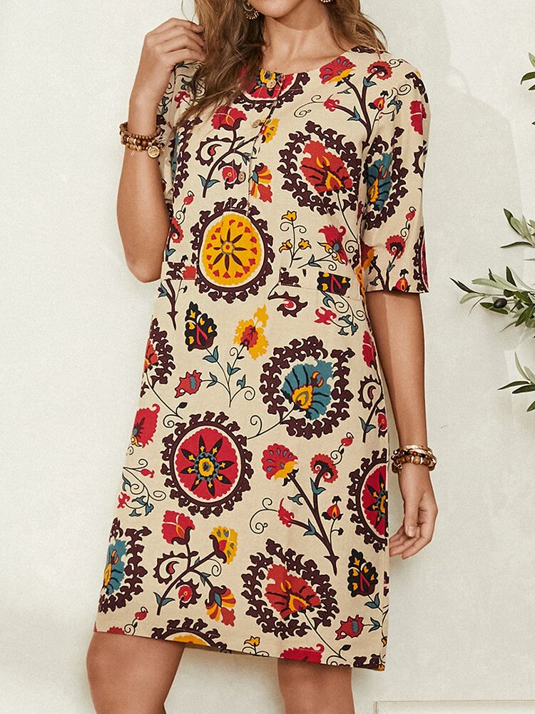 Vestido Midi Informal Bohemio Con Cuello Redondo Y Estampado De Estilo Étnico Para Mujer