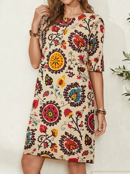 Vestido Midi Informal Bohemio Con Cuello Redondo Y Estampado De Estilo Étnico Para Mujer