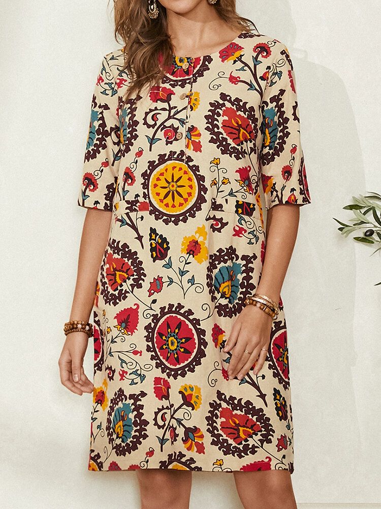 Vestido Midi Informal Bohemio Con Cuello Redondo Y Estampado De Estilo Étnico Para Mujer