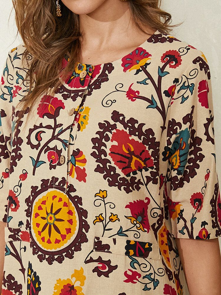 Vestido Midi Informal Bohemio Con Cuello Redondo Y Estampado De Estilo Étnico Para Mujer