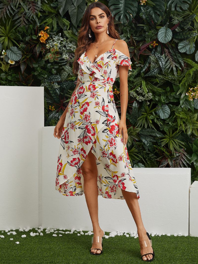 Vestido Midi Informal Con Hombros Descubiertos Y Estampado Floral Al Azar Con Dobladillo Con Abertura