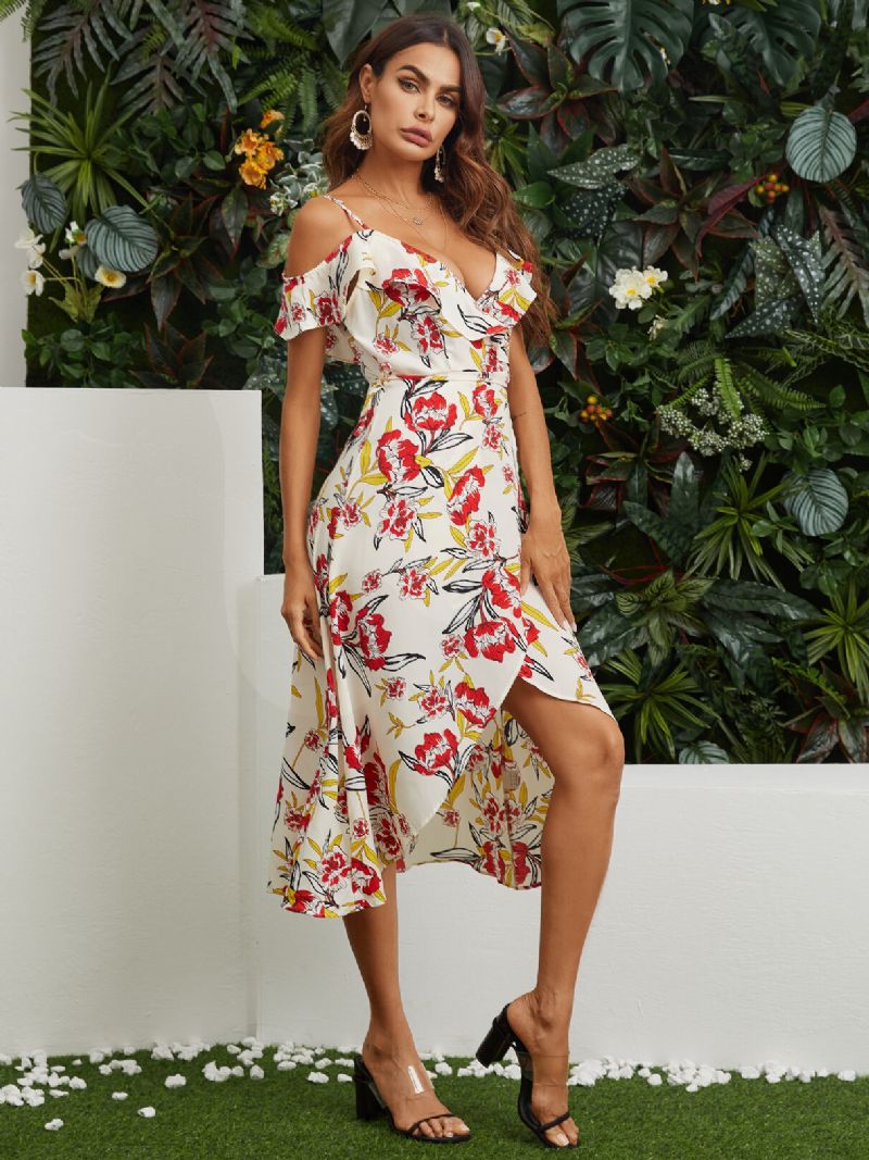 Vestido Midi Informal Con Hombros Descubiertos Y Estampado Floral Al Azar Con Dobladillo Con Abertura