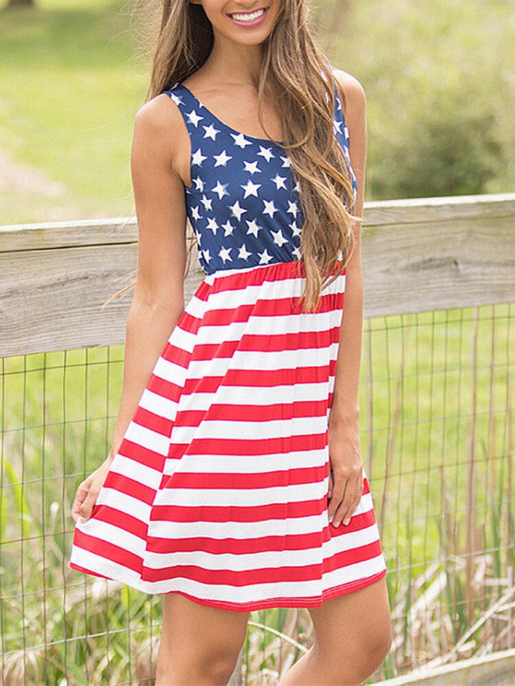 Vestido Midi Informal Sin Mangas Con Estampado De La Bandera De Estados Unidos Día De La Independencia