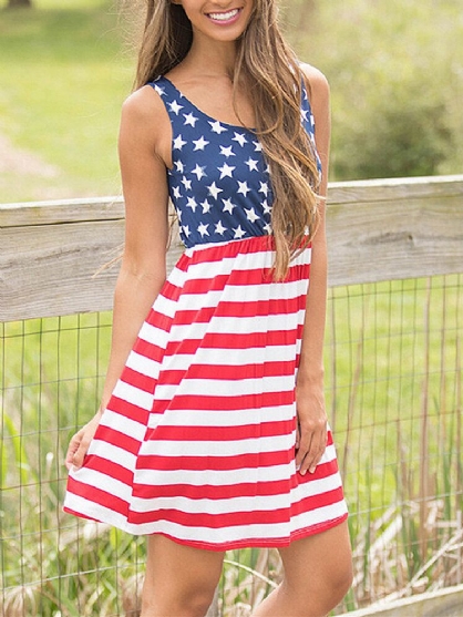 Vestido Midi Informal Sin Mangas Con Estampado De La Bandera De Estados Unidos Día De La Independencia