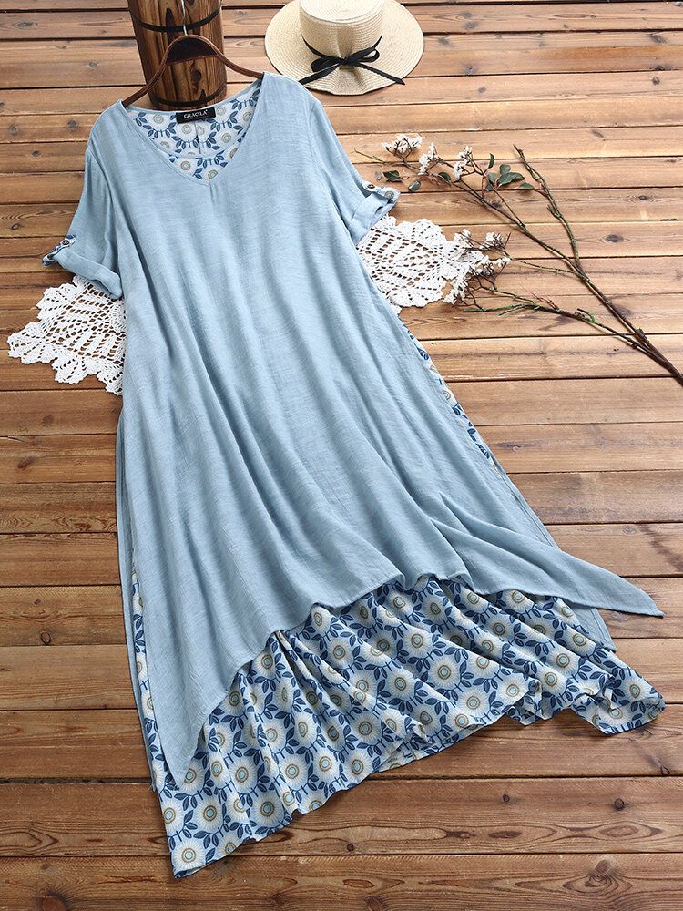 Vestido Midi Informal Suelto De Manga Corta Con Cuello Redondo Y Estampado De Margaritas