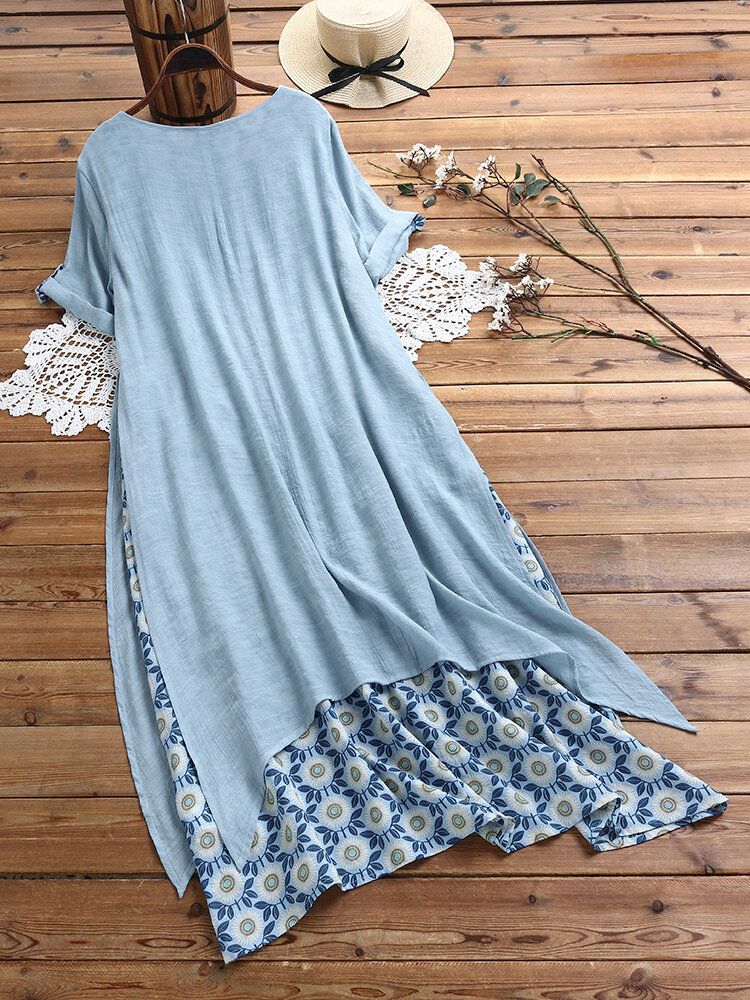 Vestido Midi Informal Suelto De Manga Corta Con Cuello Redondo Y Estampado De Margaritas