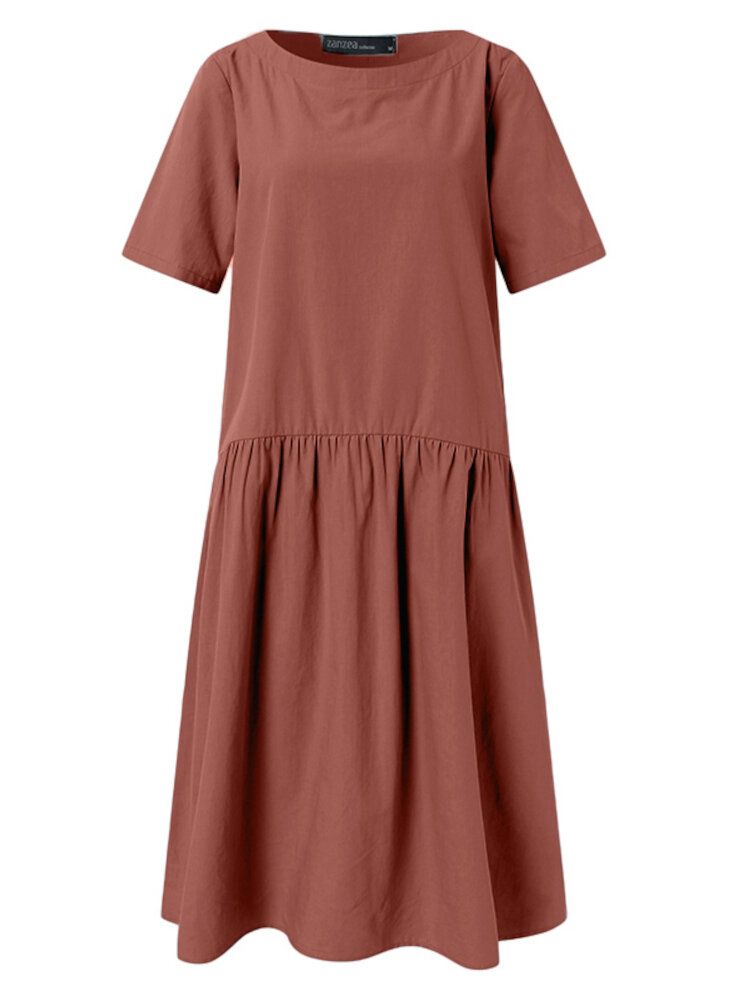 Vestido Midi Liso Informal De Algodón Con Costura De Cuello Redondo Y Media Manga Para Mujer