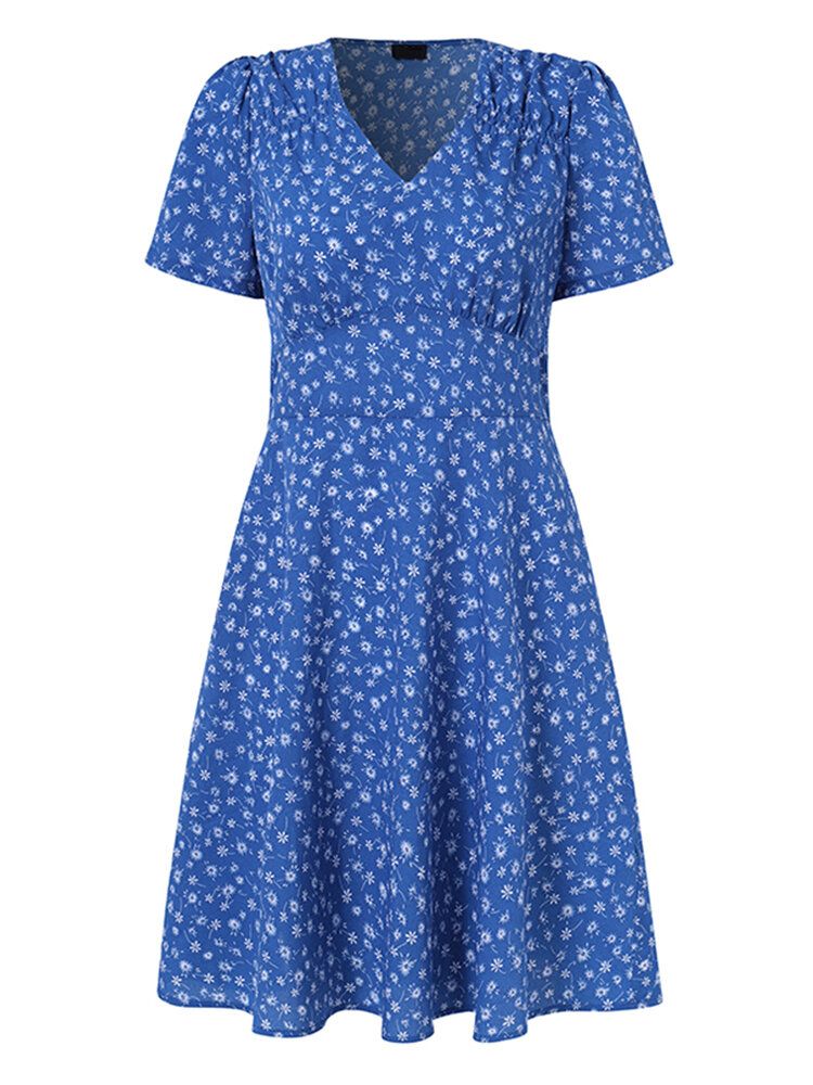 Vestido Midi De Manga Corta Informal Con Cuello En V Y Estampado Floral Para Mujer