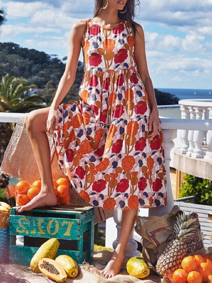 Vestido De Mujer Midi Informal Plisado Con Estampado Floral Y Cuello Redondo Sin Mangas De Una Línea Suelta