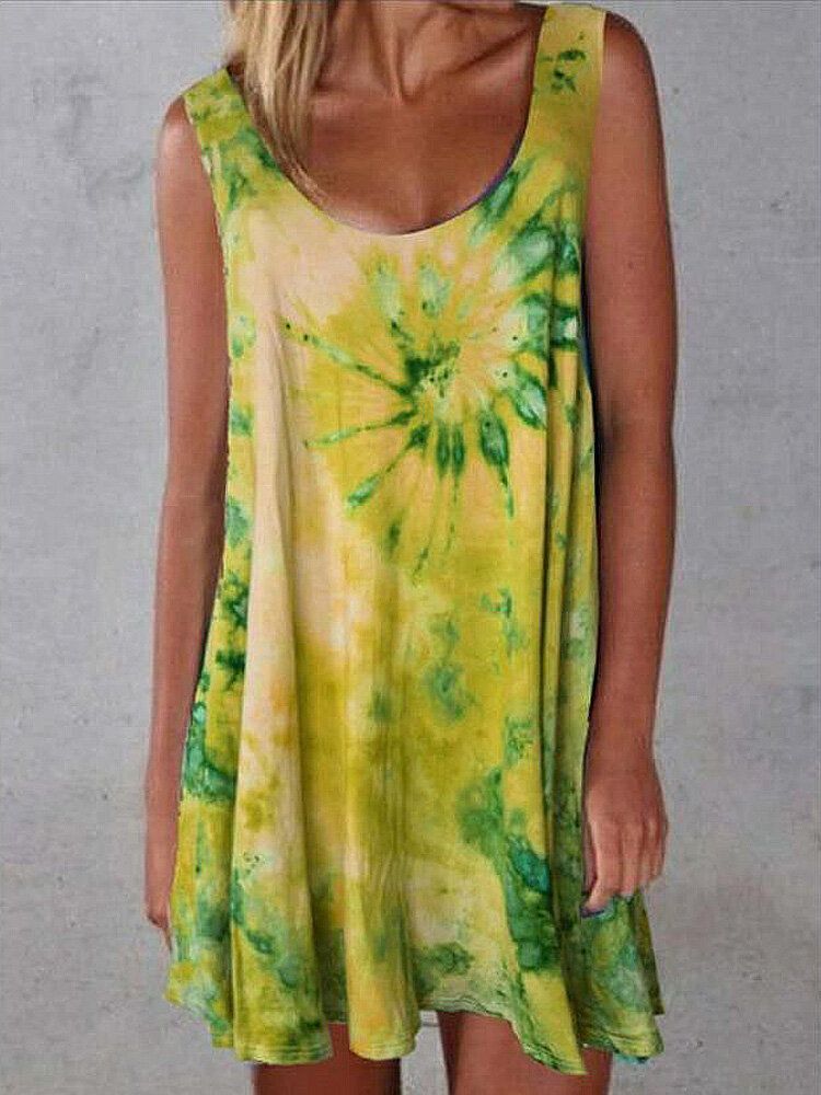 Vestido Suelto Sin Mangas De Verano Con Cuello Redondo Y Estampado De Teñido Anudado Para Mujer