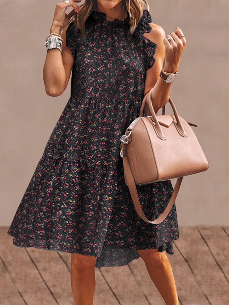 Vestido Vintage Sin Mangas Con Cuello Alto Y Volantes Con Estampado Floral Para Mujer