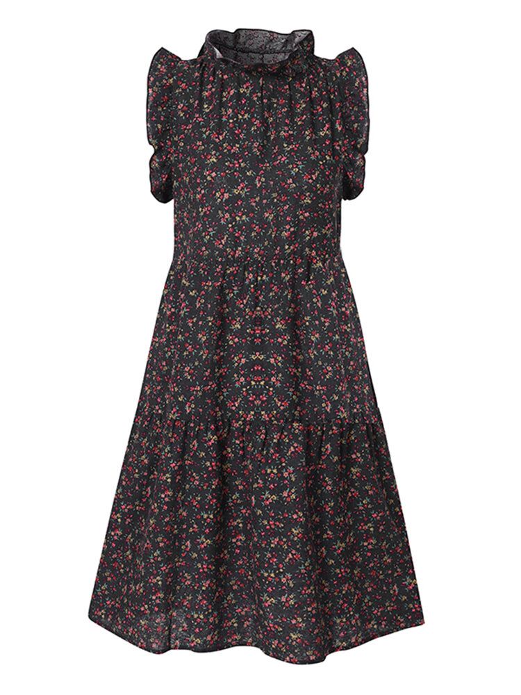 Vestido Vintage Sin Mangas Con Cuello Alto Y Volantes Con Estampado Floral Para Mujer