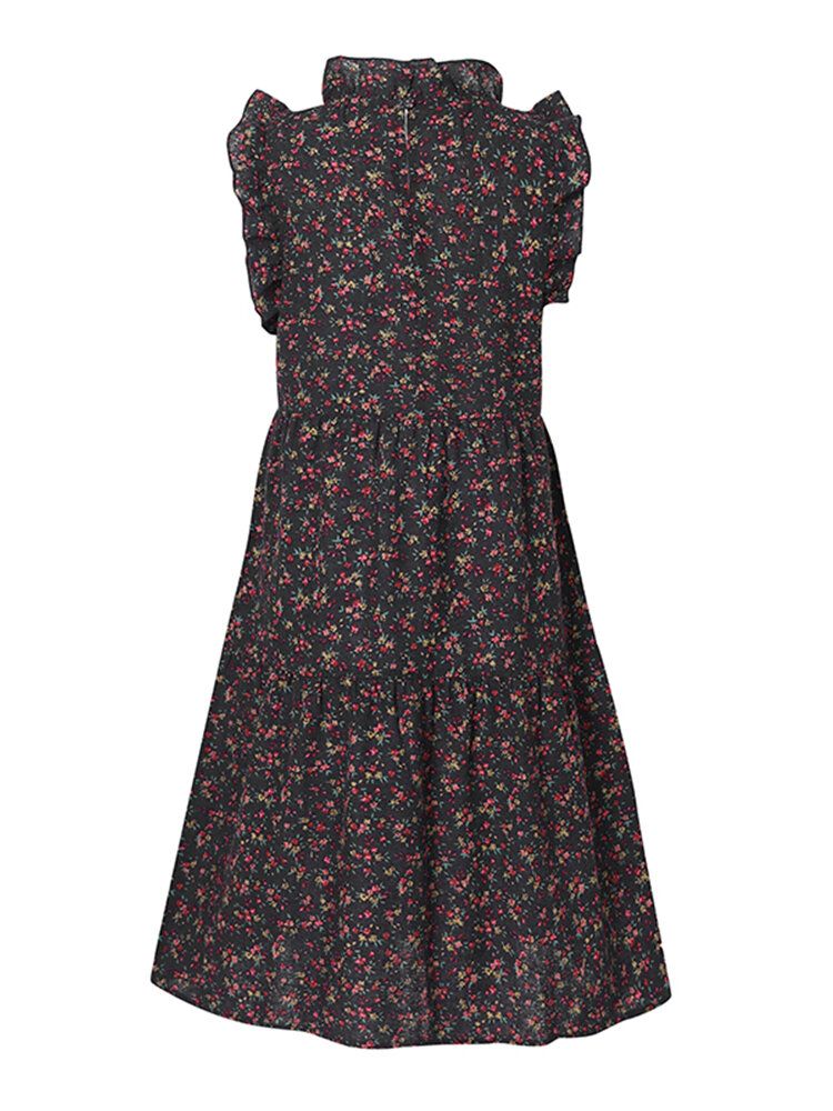 Vestido Vintage Sin Mangas Con Cuello Alto Y Volantes Con Estampado Floral Para Mujer