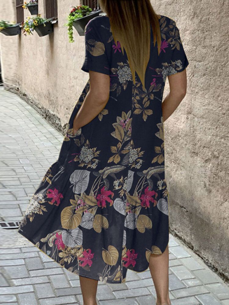 Vestidos A Media Pierna Con Bolsillo De Manga Corta Y Dobladillo Alto Y Bajo Con Estampado De Plantas Para Mujer