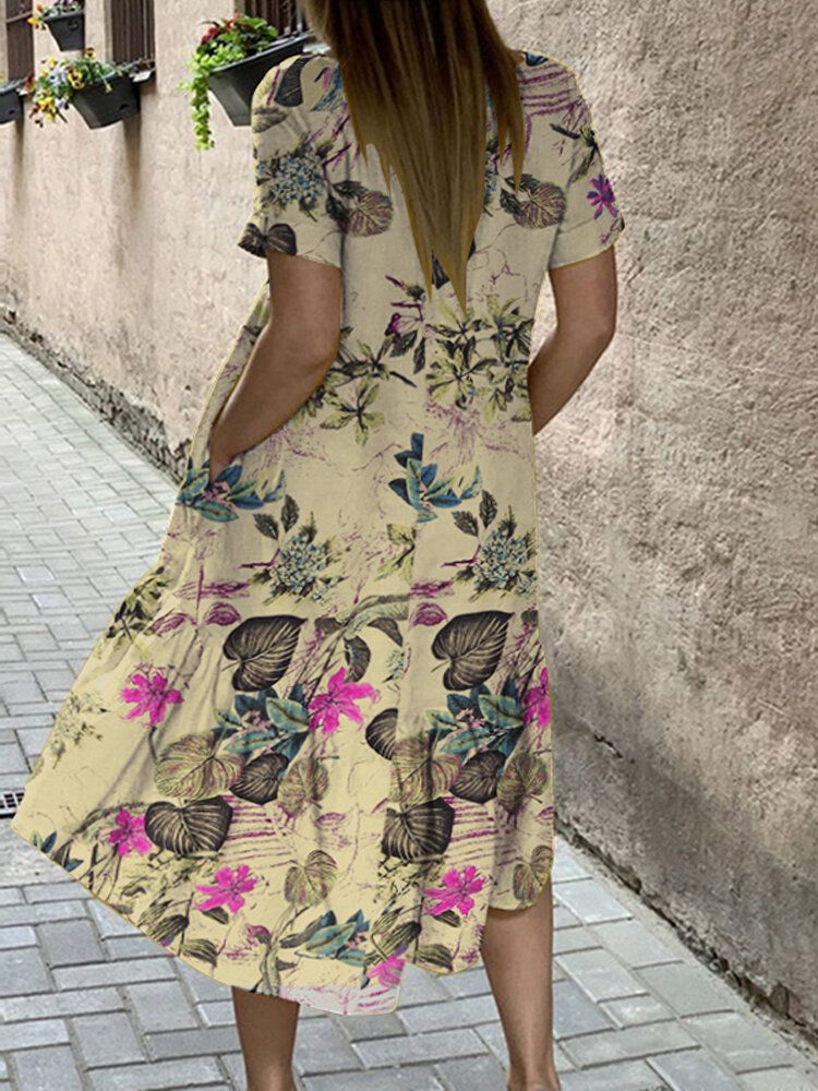 Vestidos A Media Pierna Con Bolsillo De Manga Corta Y Dobladillo Alto Y Bajo Con Estampado De Plantas Para Mujer